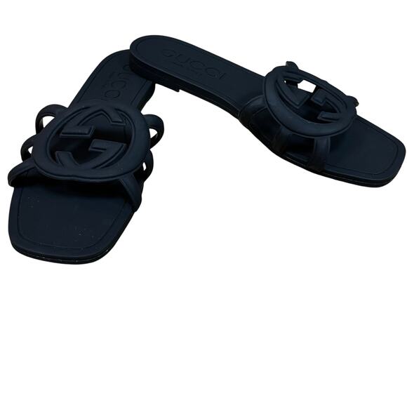 Gucci Interlocking G Slide Sandals Black Rubber Made in Italy Women’s SZ 10 - Picture 2 of 7
